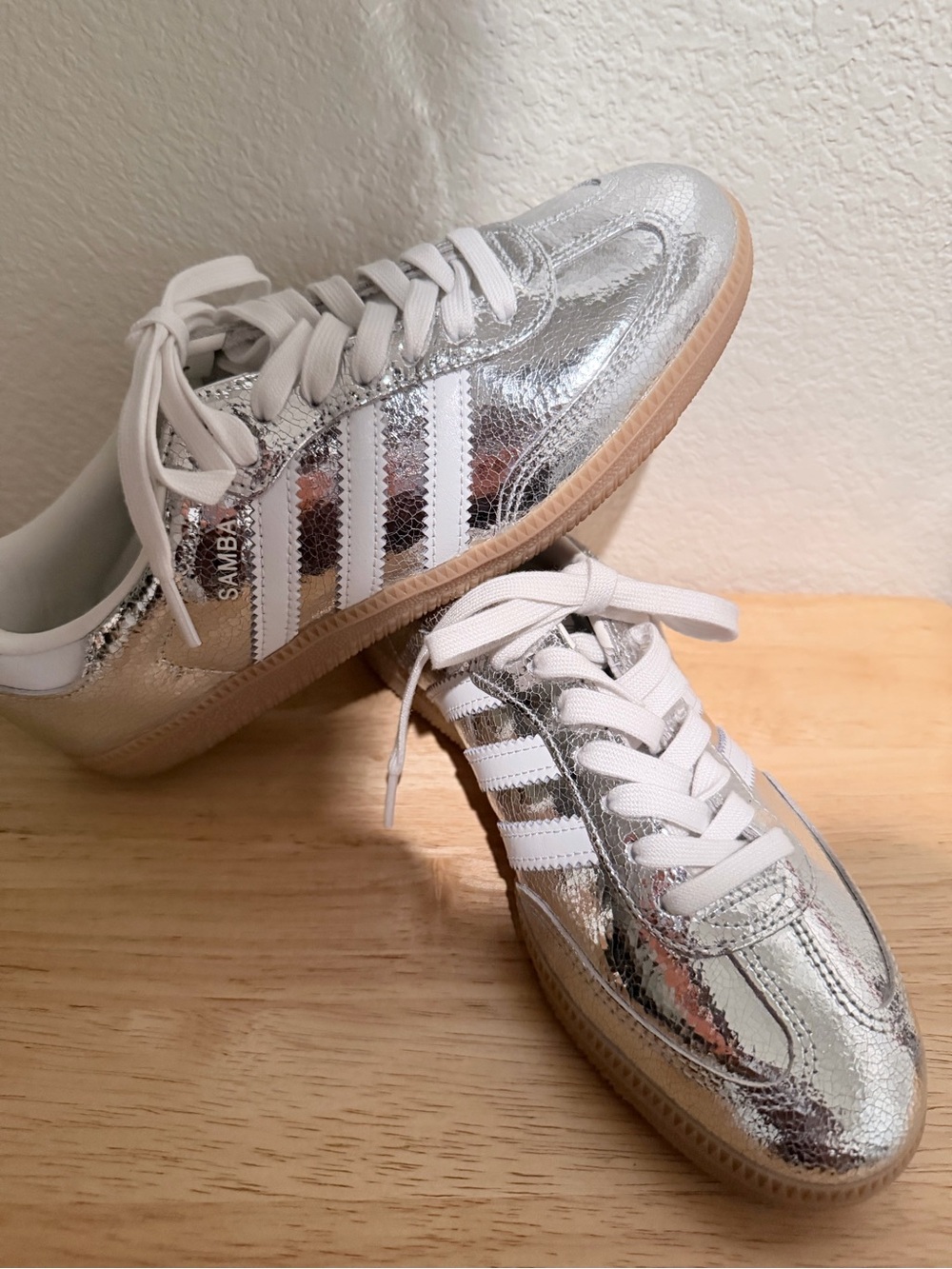 adidas Silver Metallic Samba Sneakers with White Stripes